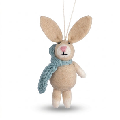 Cream bunny wool felt ornament with blue scarf on a white background