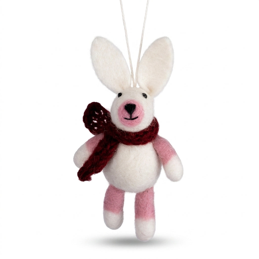 Handmade wool felt bunny ornaments  with a red scarf on a white background