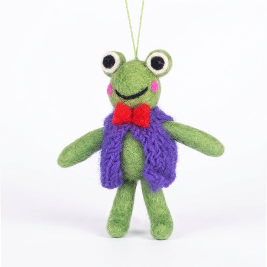 Handmade wool felt frog ornament with purple bow tie with a purple sweater and red bow tie on a white background