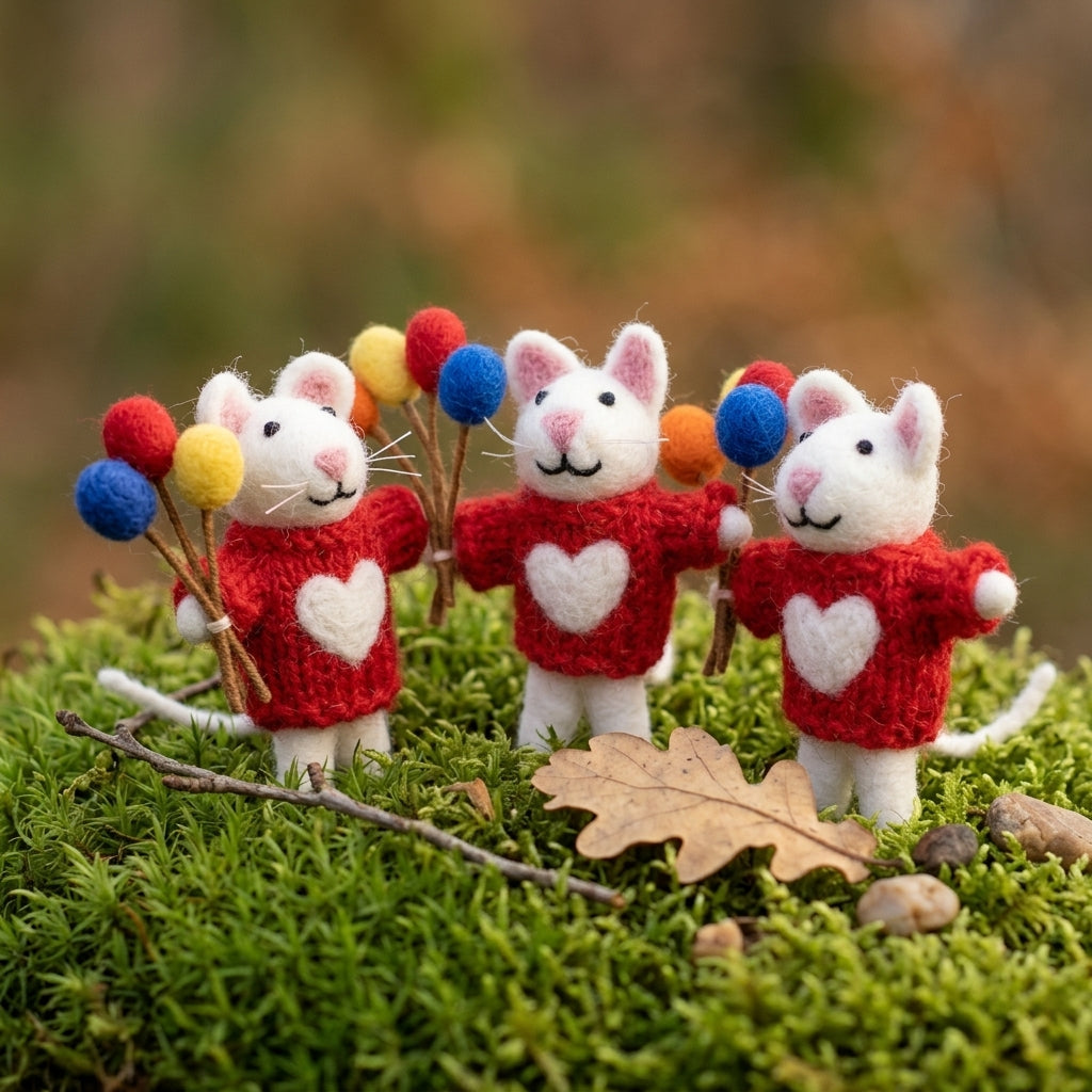 Handmade wool felt mouse hanging decoration for nursery decor red sweaters with heart patterns holding balloons on a grassy background.