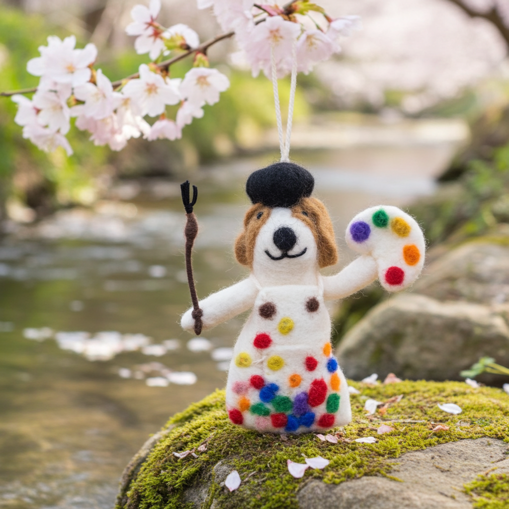 Handmade wool felt painter dog ornament  on a rock with cherry blossoms in the background