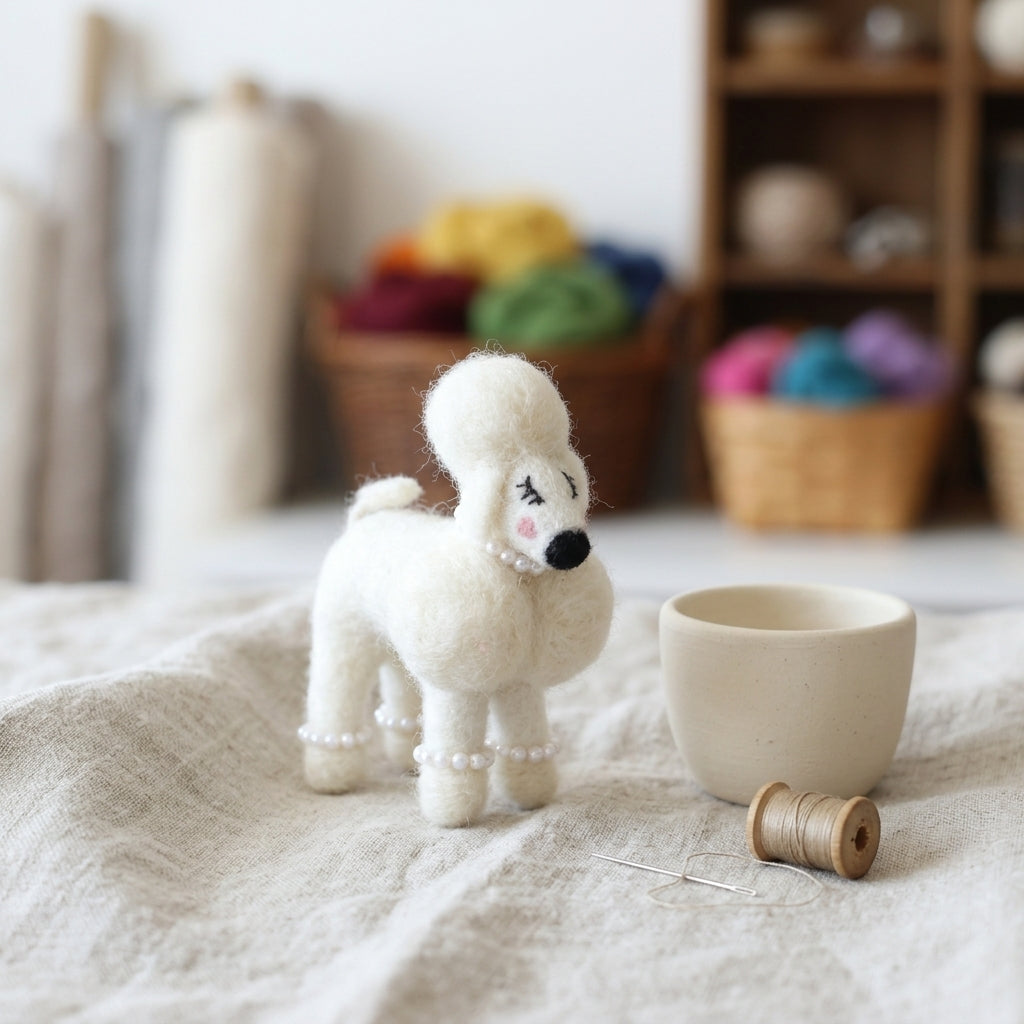 Handmade wool felt poodle dog ornament  on a blanket with yarn and a cup in the background