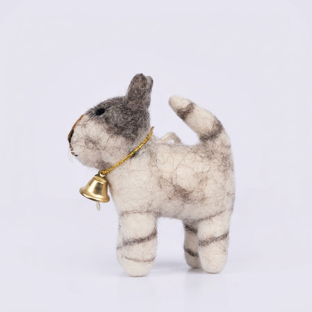 Handmade wool felt tabby cat ornament  with a gold bell on a white background