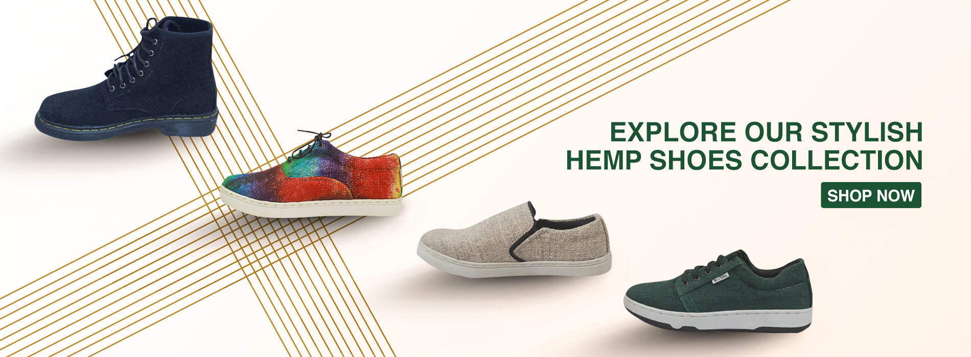 Stylized advertisement for hemp shoes collection with four different shoe designs on a white background.