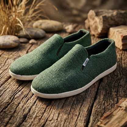 Green HEMP slip-on shoes on a wooden surface with natural elements in the background