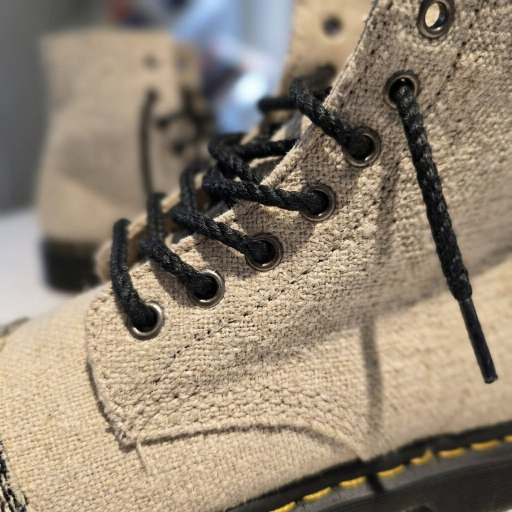Close-up ofwhite hemp hiking boots australia handmade vegan hemp footwear with black laces on a blurred background