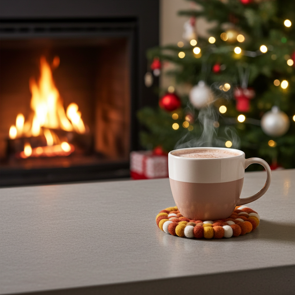 Steaming mug of hot chocolate on a coaster in front of a fireplace and Christmas tree.