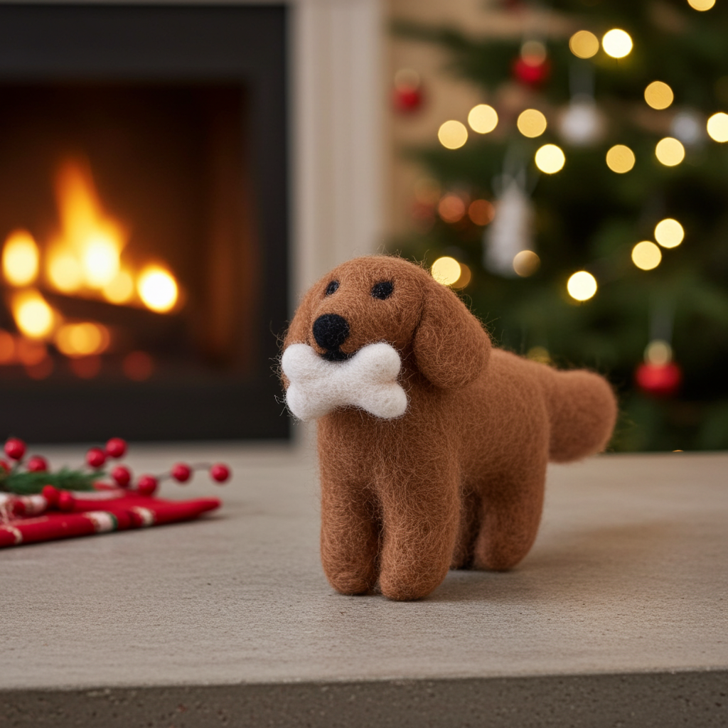 Handmade wool felt spaniel dog ornament with floppy ears with a bone in front of a fireplace and Christmas tree.