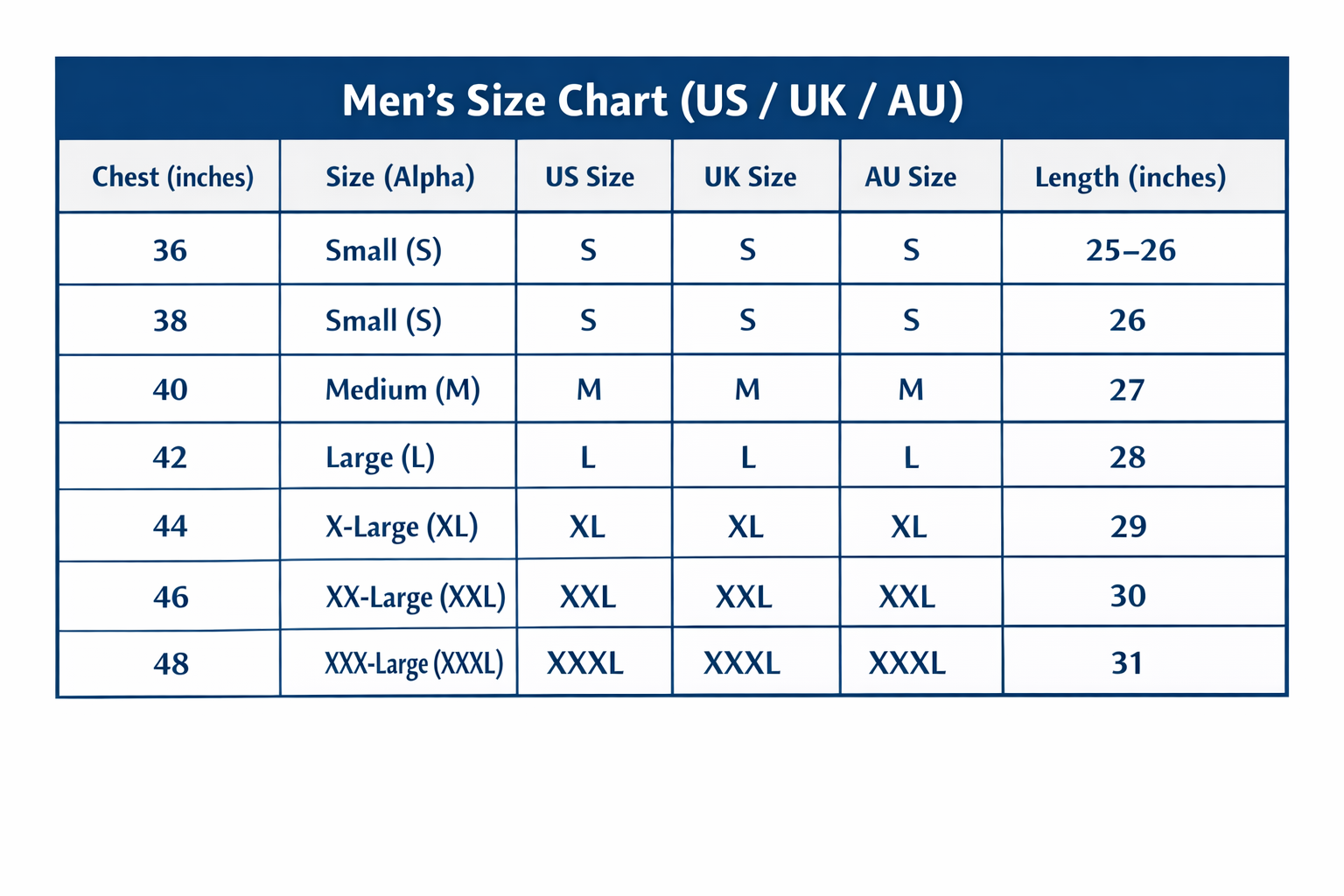 Men's size chart comparing US, UK, and AU measurements.