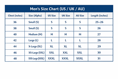 Men's size chart comparing US, UK, and AU measurements.
