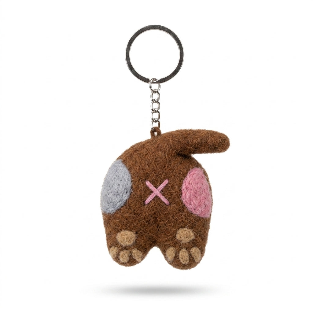 Mocha and pink wool felt cat back keyring a pink flower on a white background