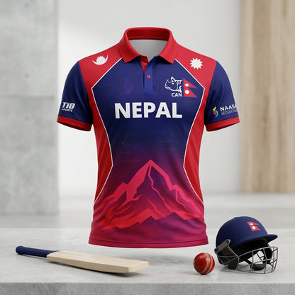 Nepal cricket jersey with mountain design, bat, ball, and helmet on a light background