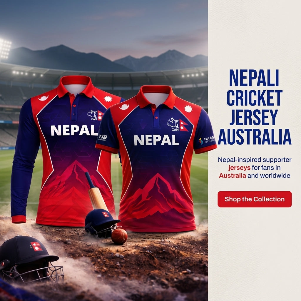 Nepali cricket jerseys with mountain design on a stadium background