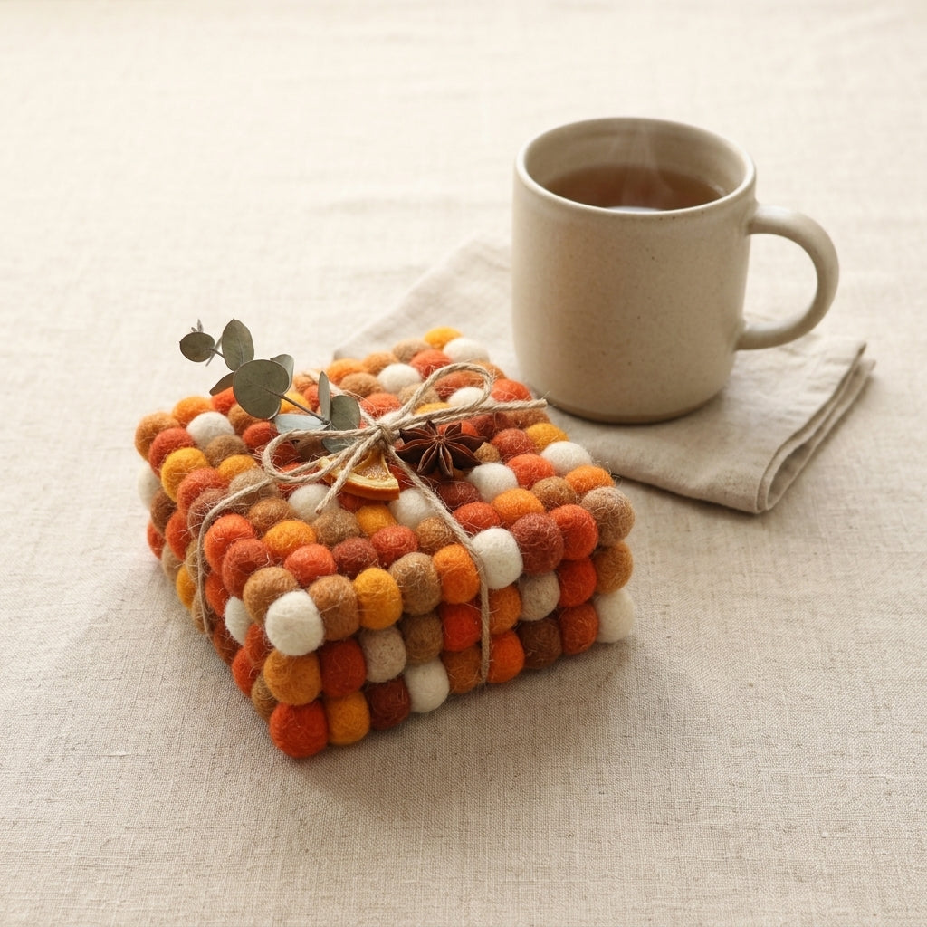 Square woven coaster with autumn colors next to a cup of tea on a light surface