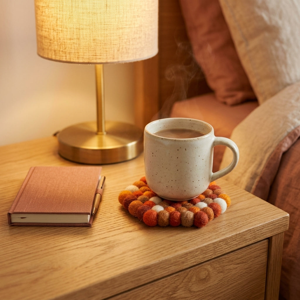 White mug with steaming coffee on a wooden table next to a lamp and notebook.