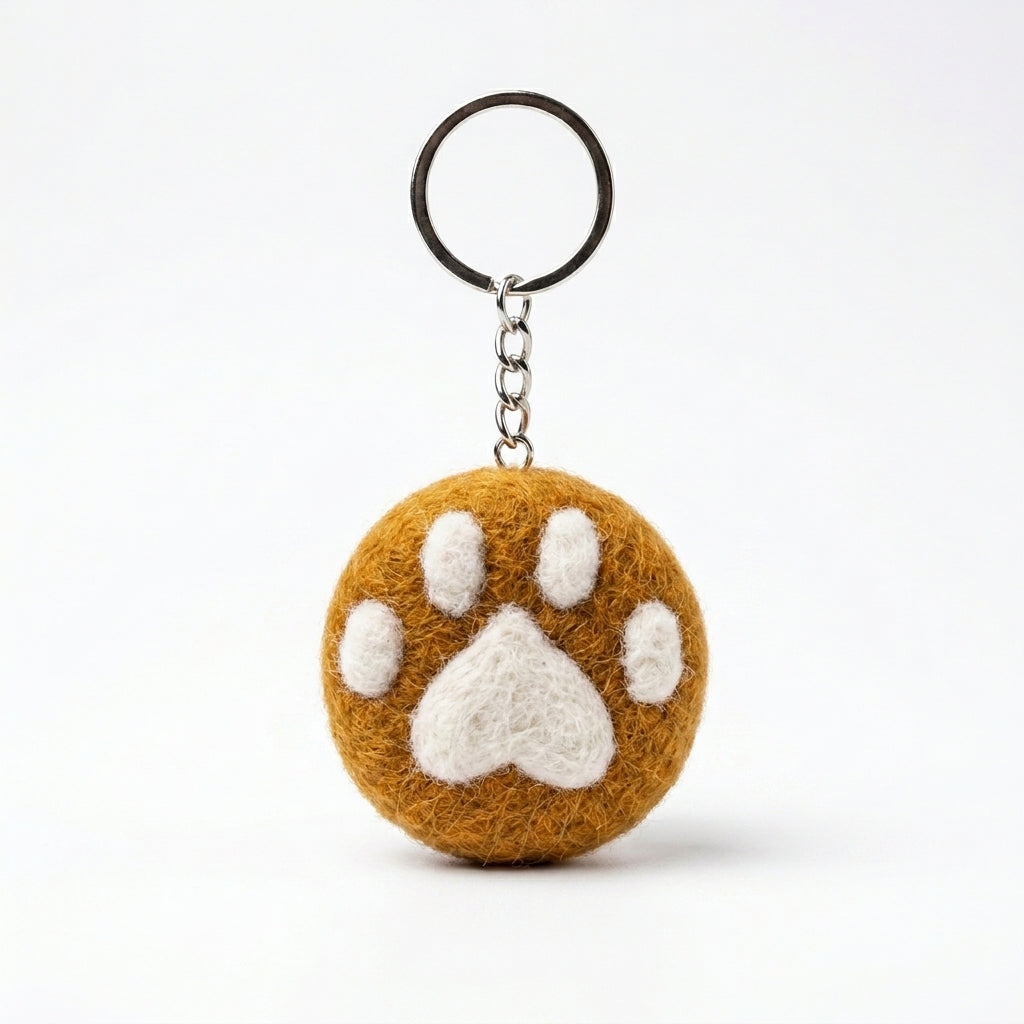 Orange wool felt cat paw keyring with white paw print on a white background