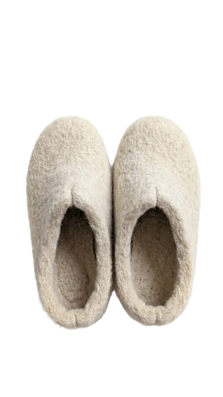Pair of beige slippers on a white background