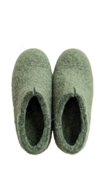 Pair of green slippers on a white background