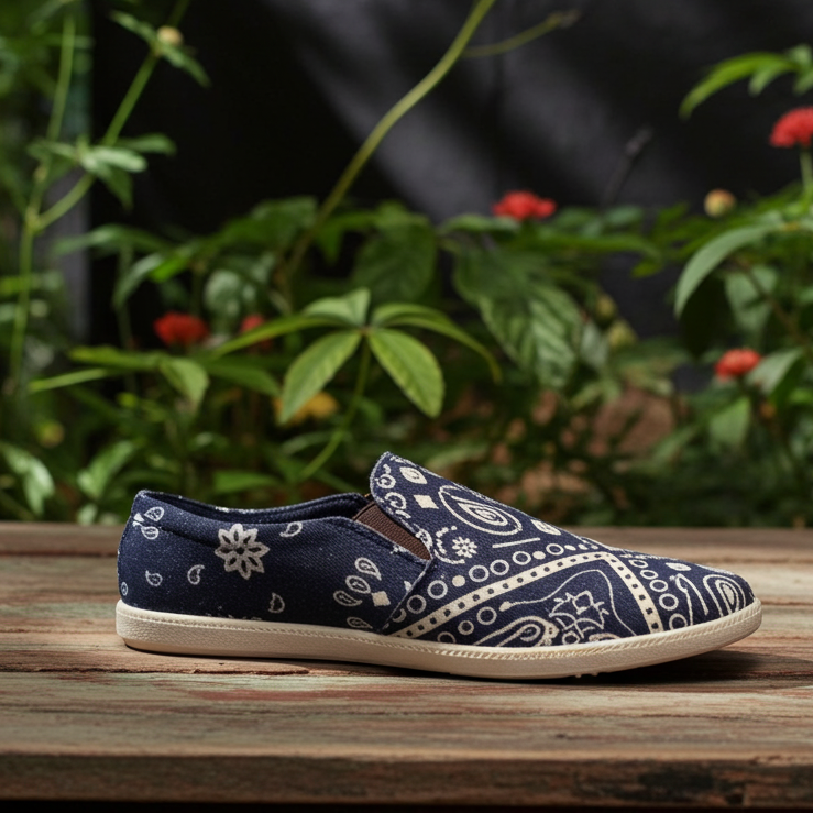Pair of navy blue bandana-patterned  mandala shoes on a wooden surface with a blurred natural background
