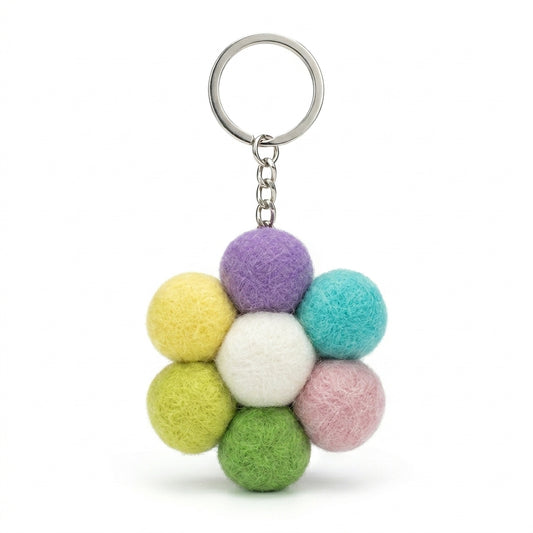 Pastel wool felt large flower keyring in mixed colours with a metal ring on a white background