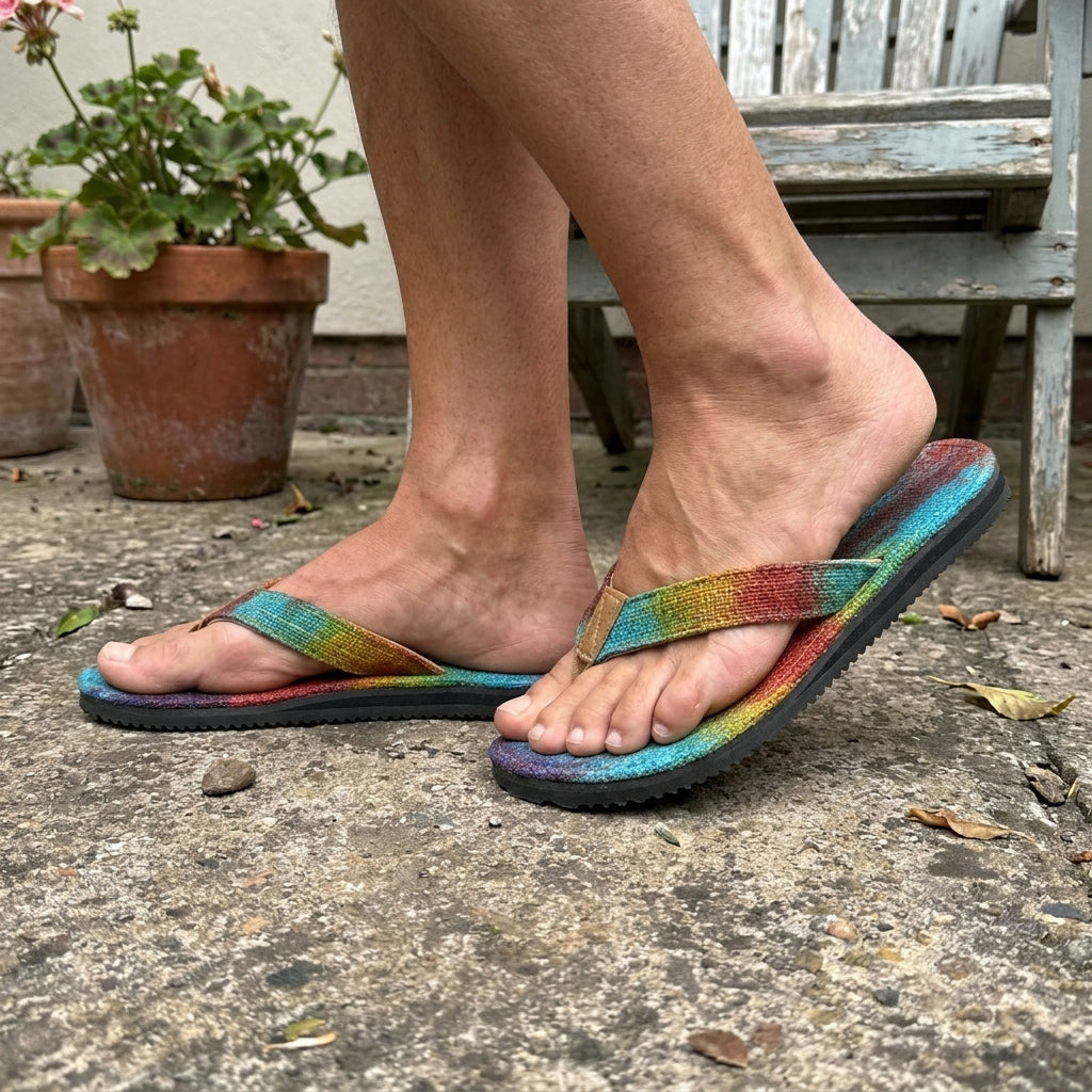 Person wearing Eco - Friendly Unisex Hemp Flip Flops  Fair Trade Sandals  Sustainable Summer Footwear Australia beach_sandals with rustic in the background