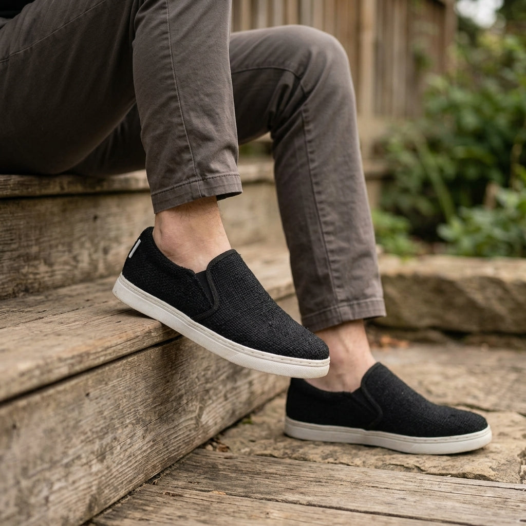 Person wearing black  hemp  vegan slip-on shoes with white rubber soles sitting on wooden steps.