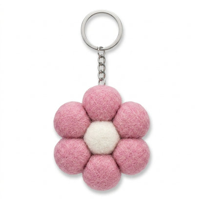 Pink wool felt large flower keyring with white centre with a white center on a white background