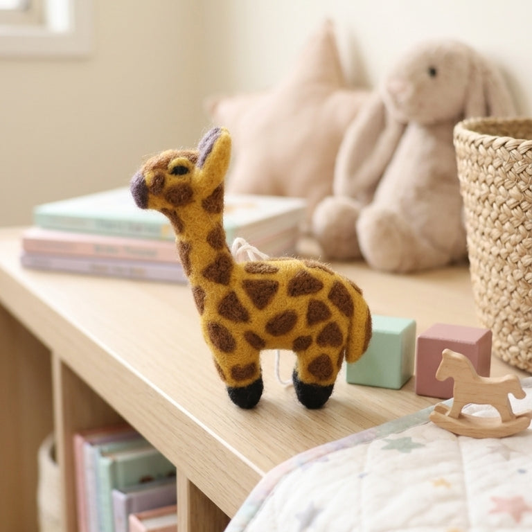 Handmade giraffe felt ornament styled on a nursery shelf
