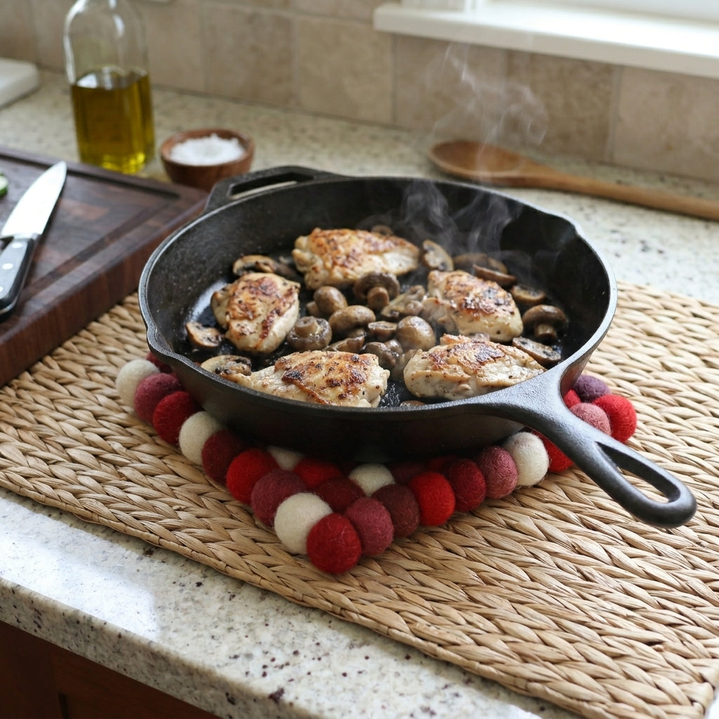 Skillet with food on a woven trivet on a kitchen counter