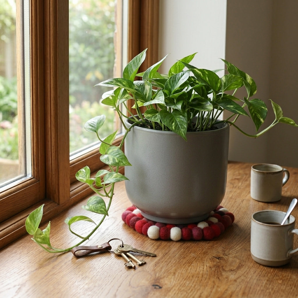 Potted plant on a wooden table with a window in the background