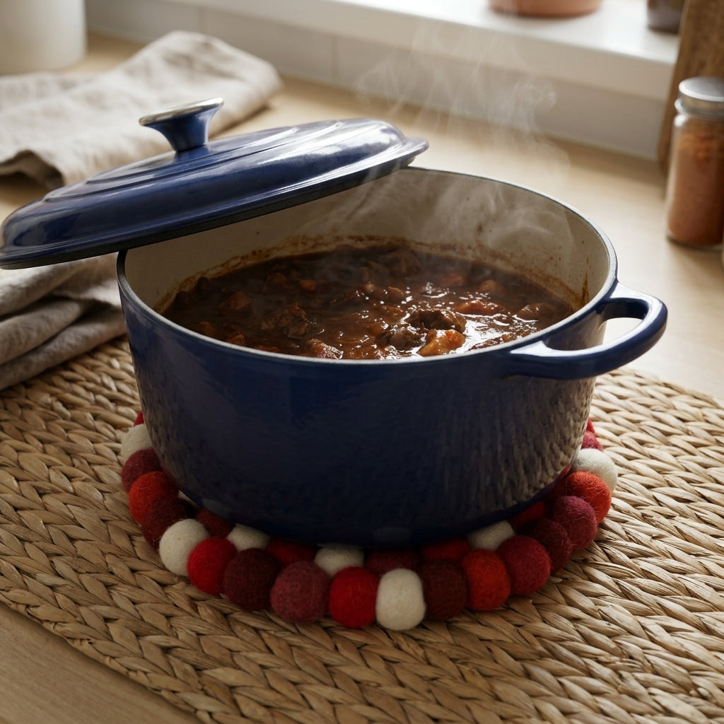 Blue cast iron pot with a lid on a red and white trivet, containing a stew.