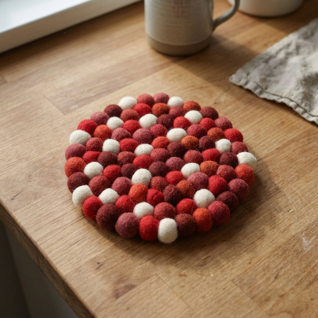 Round felt coaster with red and white pattern on a wooden surface