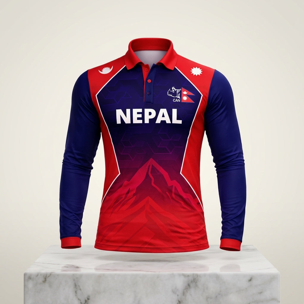 Red and blue full  nepal cricket jersey with 'Nepal' text on a white background