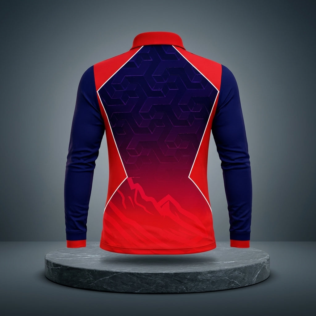Red and blue long-sleeve nepal cricket jersey  with geometric pattern on a gray platform and background