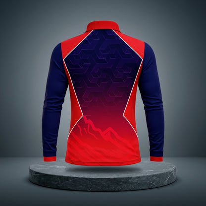 Red and blue long-sleeve nepal cricket jersey  with geometric pattern on a gray platform and background