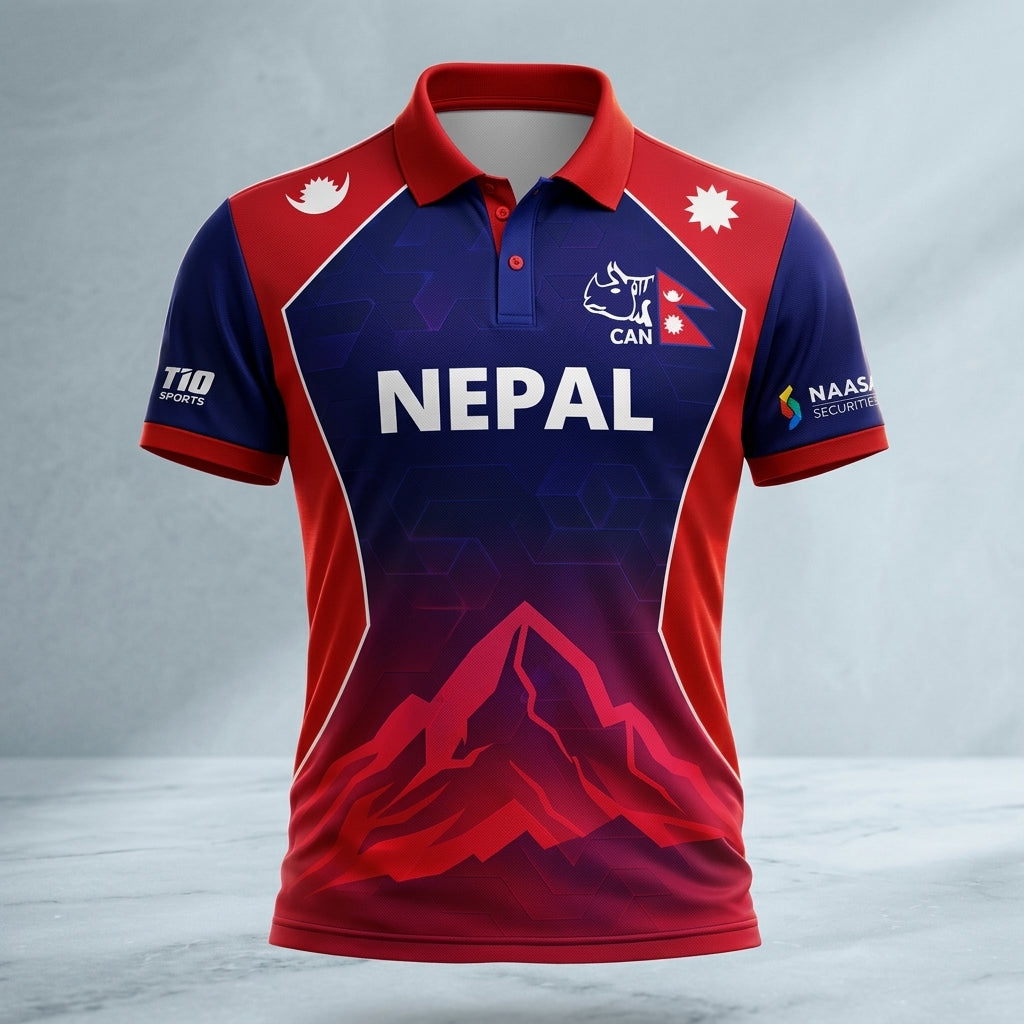 Red and blue nepal cricket jersey with 'Nepal' branding on a gray background