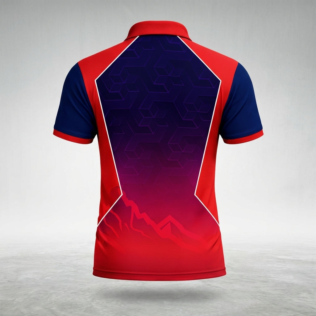 Red and blue nepal cricket jersey with geometric pattern on a gray background