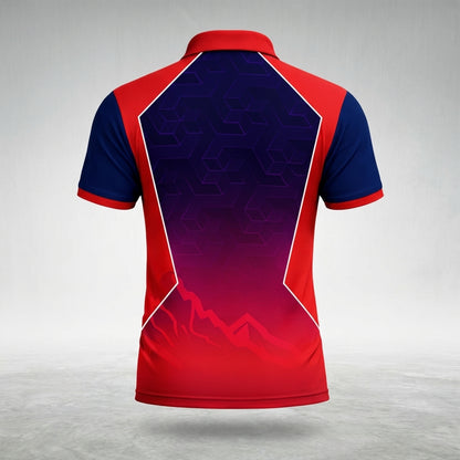 Red and blue nepal cricket jersey with geometric pattern on a gray background