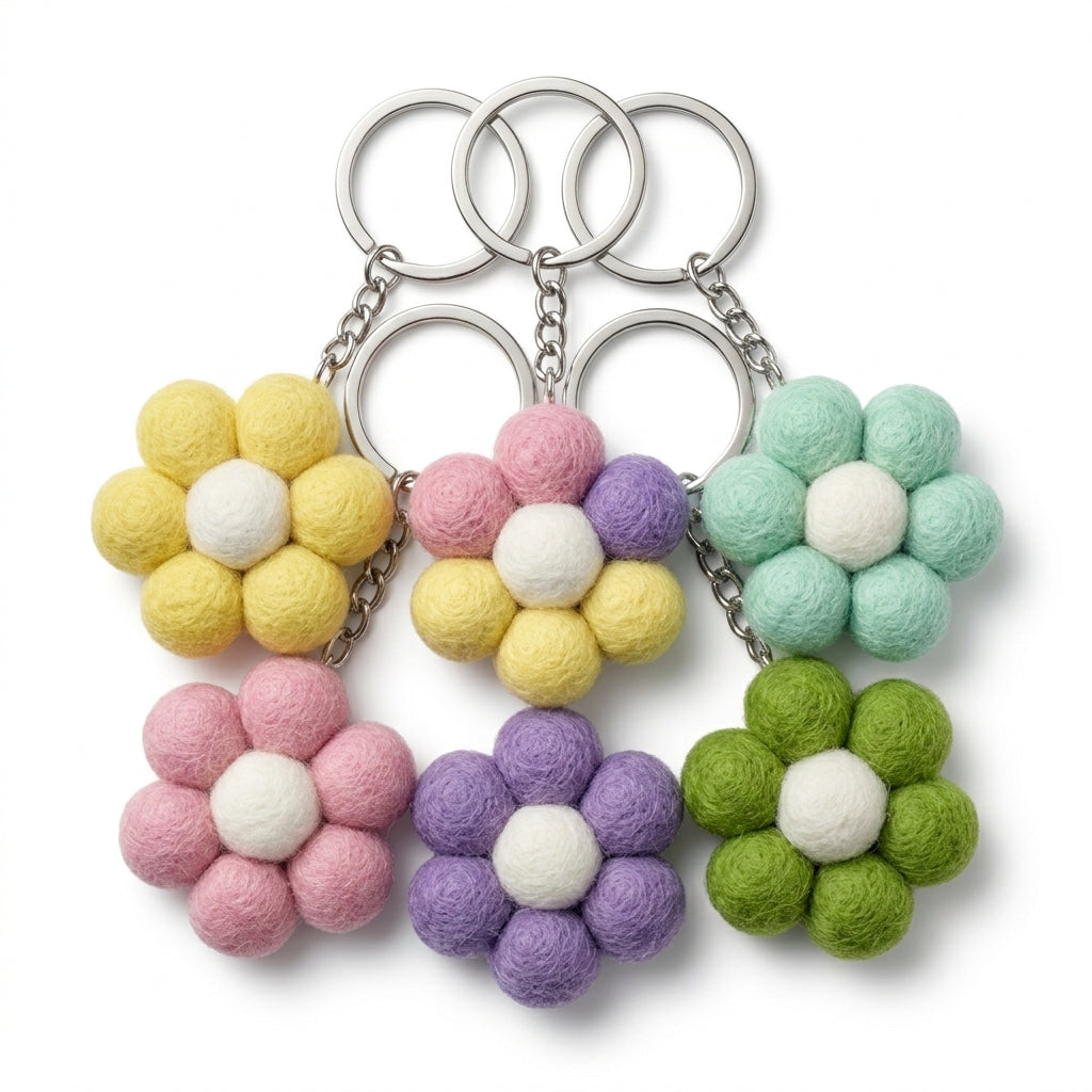 Set of colorful flower-shaped keychains and bag charm on a white background