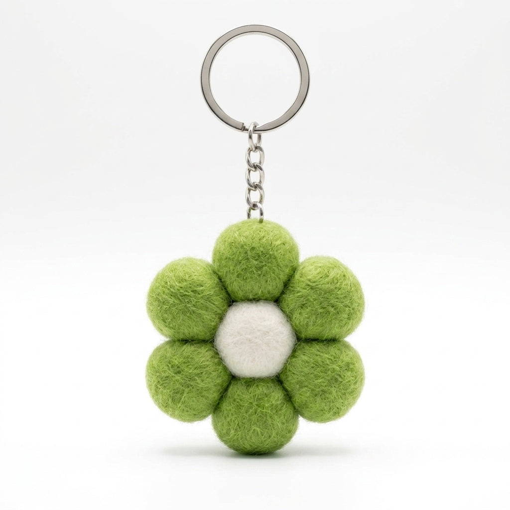 handmade felt Small green felt flower keychain with metal keyring