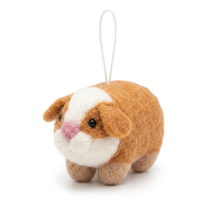 Tan and white wool felt guinea pig hanging ornament with a white belly on a white background