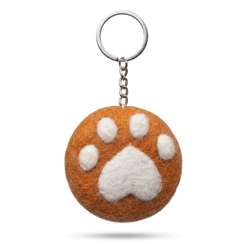 Tan wool felt cat paw keychain with white paw print on a white background