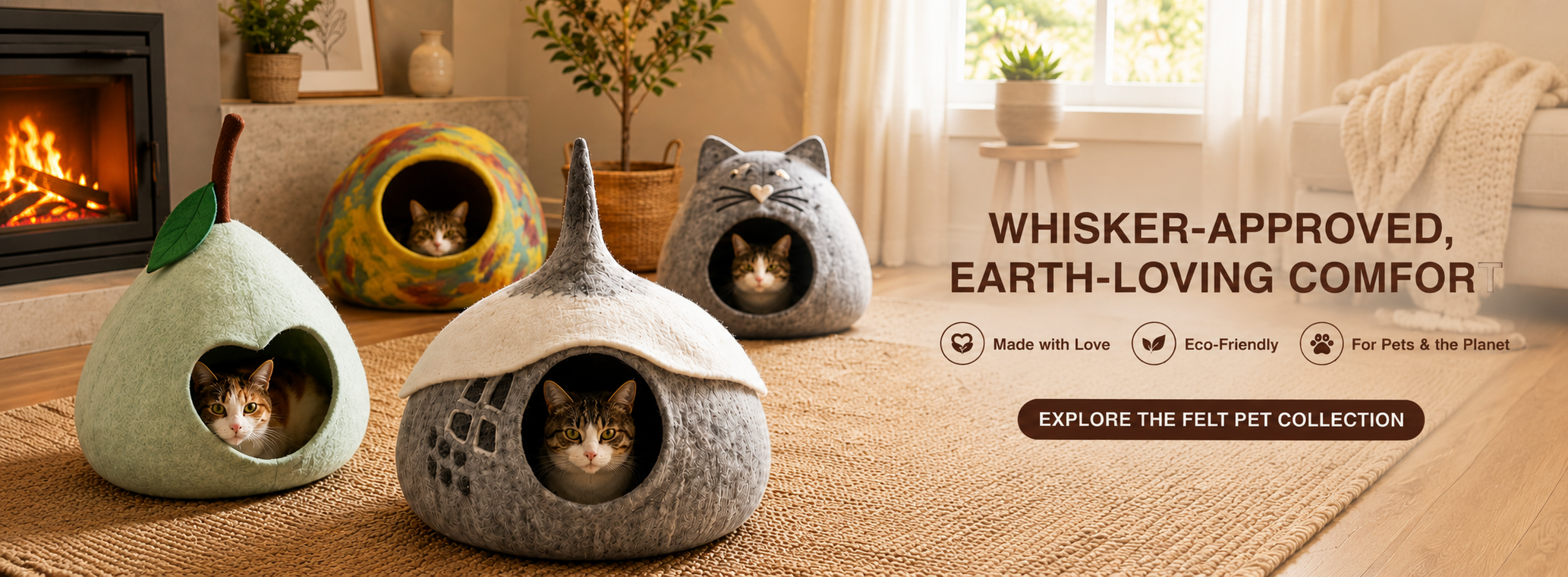Three felt pet houses with cats inside on a wooden floor, with text about pet comfort and eco-friendliness.