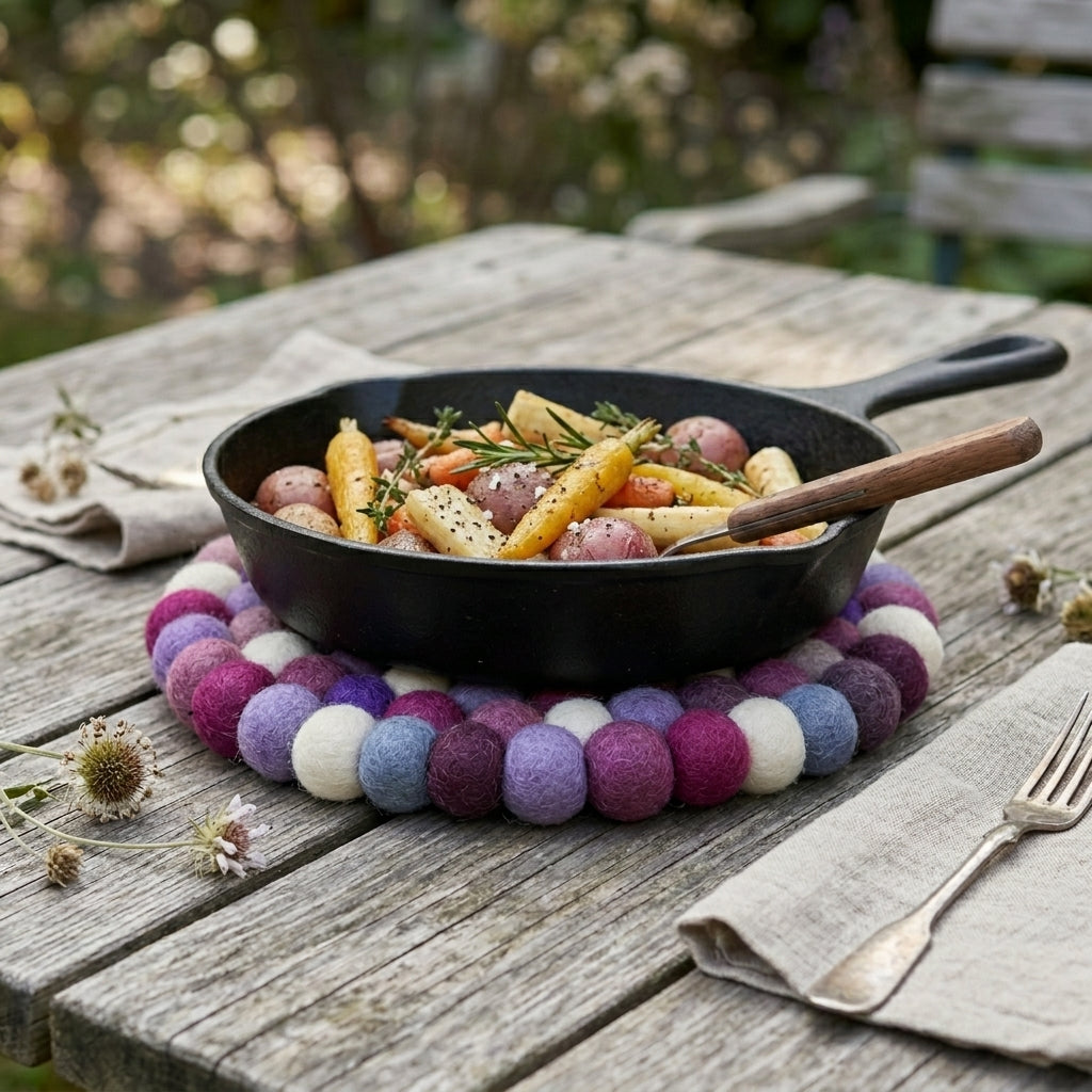 Black frying pan with vegetables on a colorful felt trivet on a wooden table outdoors.