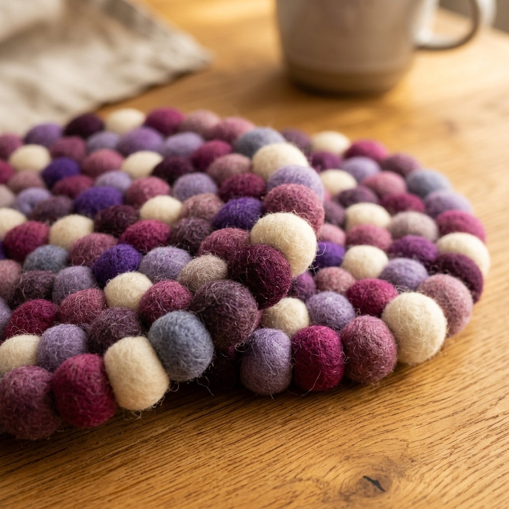 Multicolored felt ball trivet on a wooden surface
