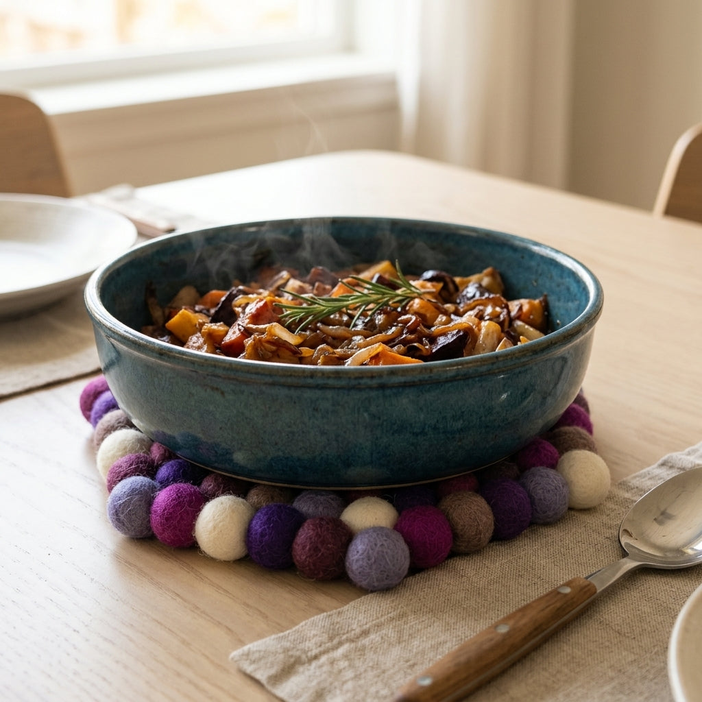 Blue bowl of stew on a colorful felt trivet on a wooden table.
