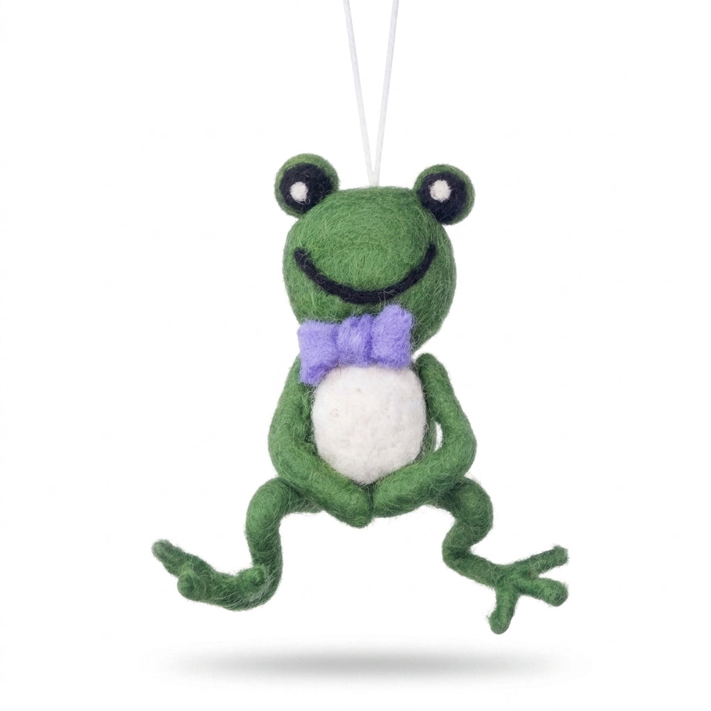 Wool felt frog ornament for frog lovers and nature decor on a white background