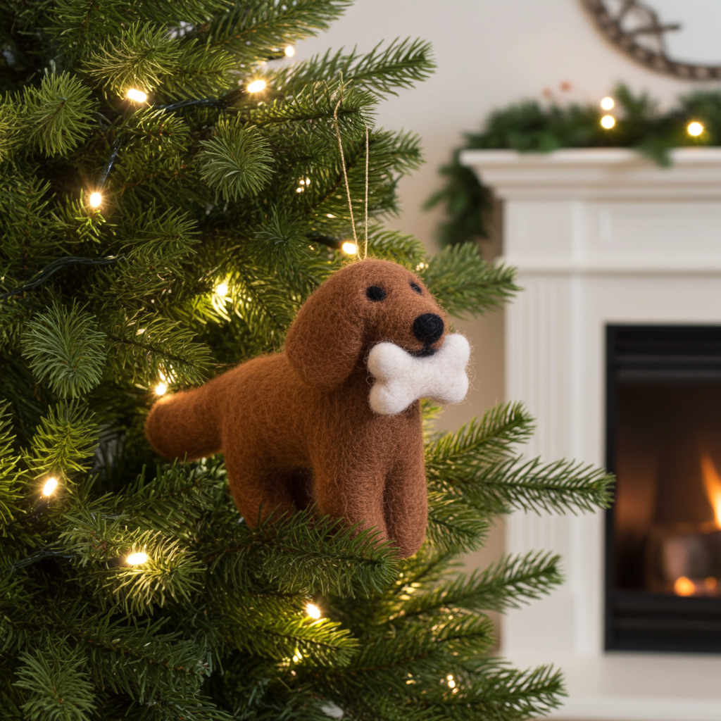 Handmade wool felt spaniel dog ornament with floppy ears Christmas ornament holding a bone on a lit Christmas tree with a fireplace in the background.