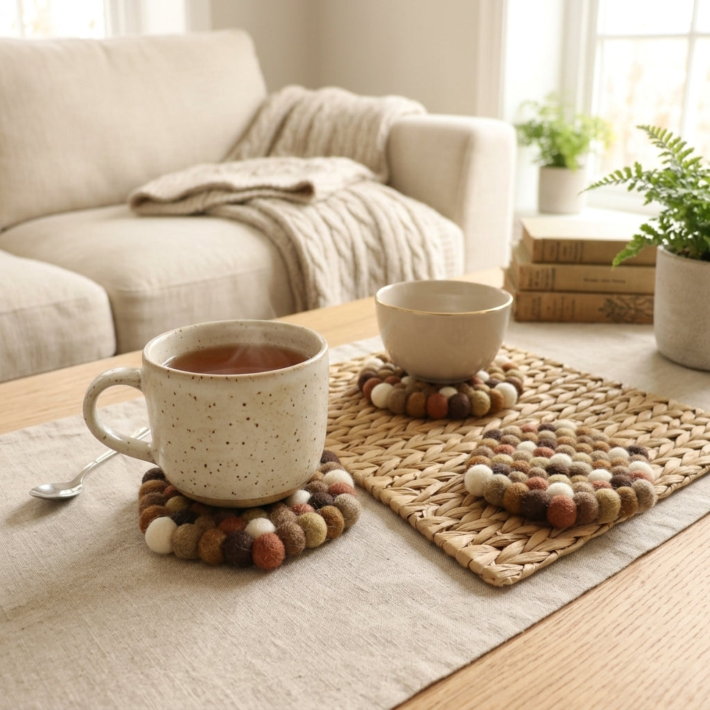 Two mugs on woven coasters with a cozy living room background