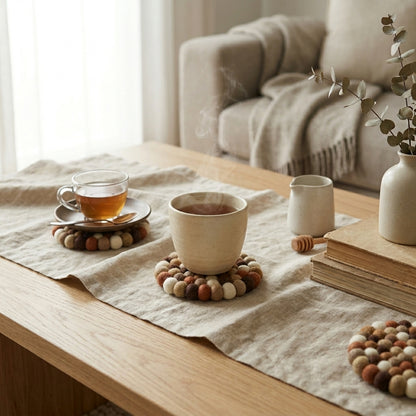 Coffeetable with cups, books, and decorative items in a cozy living room setting.